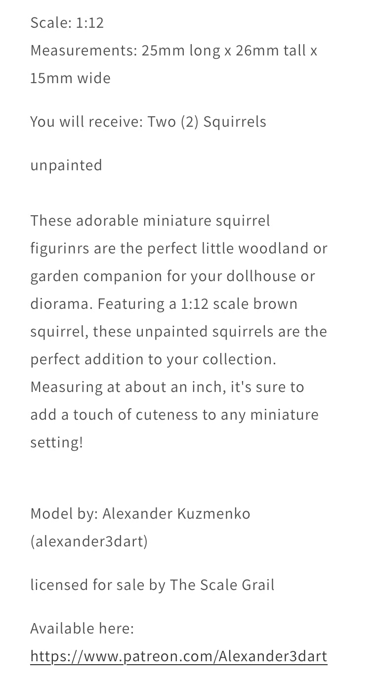1:12 scale Squirrels - 1:12 Scale Miniatures (Alexander3dart) miniature side view — The Scale Grail