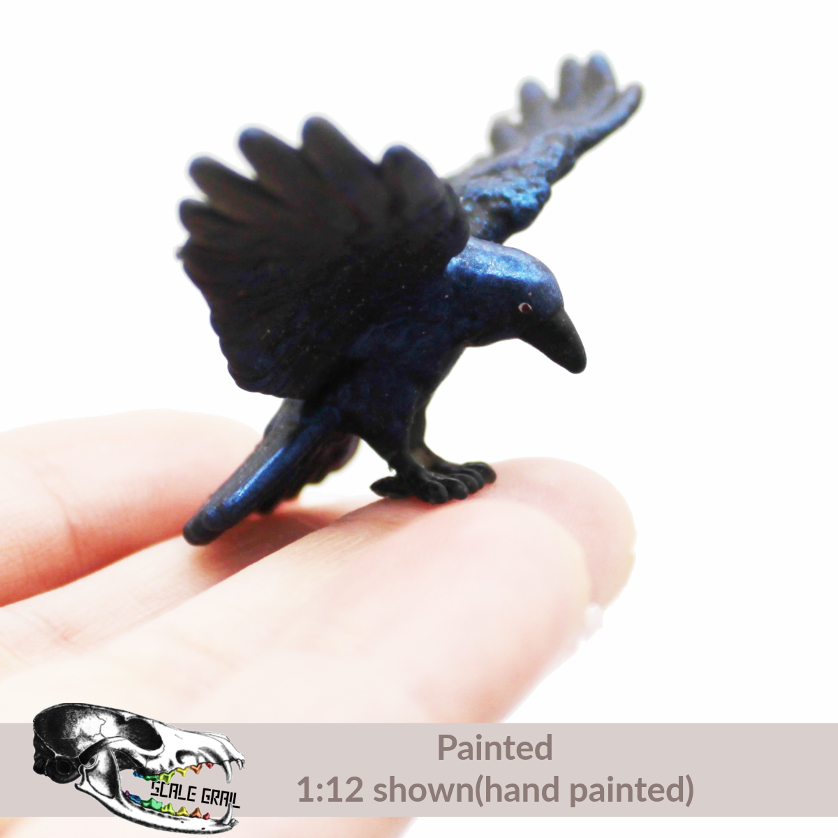 Raven - Landing miniature bird for dollhouse and diorama collectible by The Scale Grail
