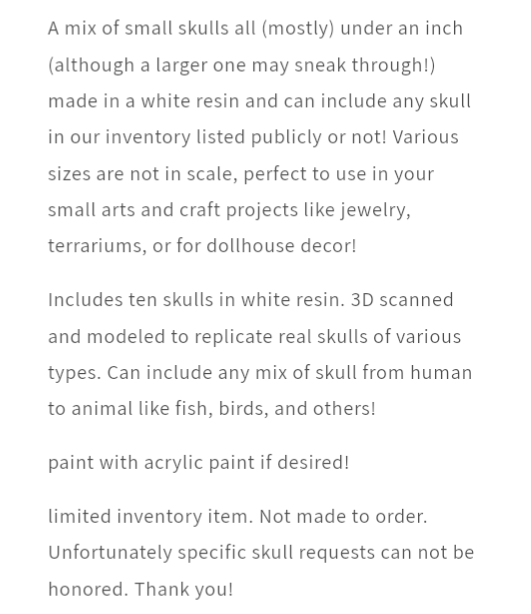 Skull Mystery Box - Ten different small variety animal skulls for arts, crafts, dollhouse, and dioramas! miniature side view — The Scale Grail