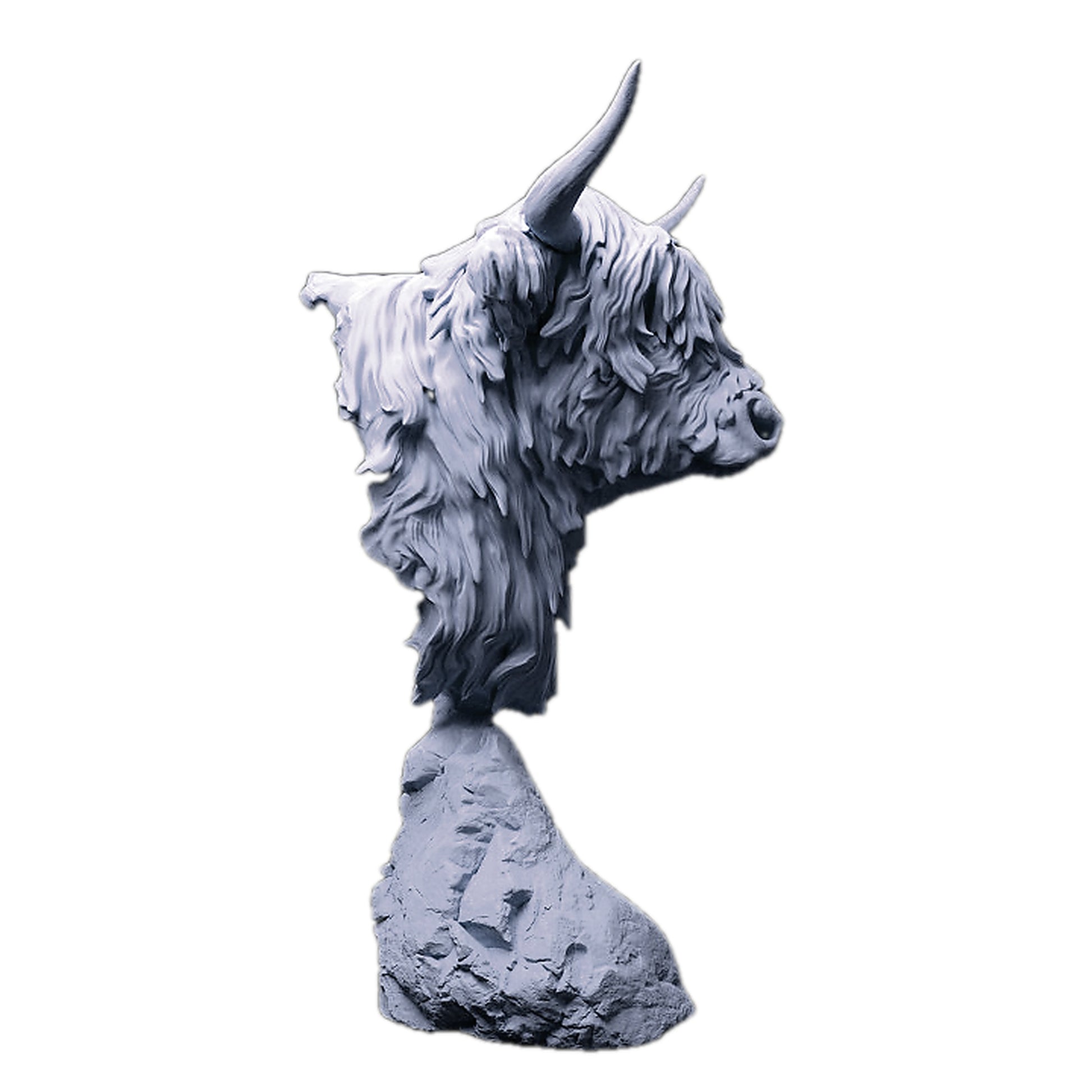 1:12 scale Highland Cow Bust | Animal Den Miniatures miniature side view — The Scale Grail