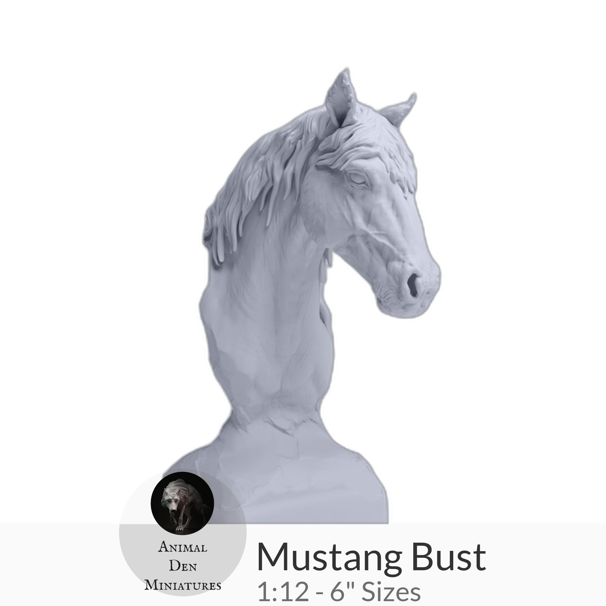 Mustang Horse Bust by Animal Den Miniatures – 25 mm, 4 in, 6 in Sizes miniature — handmade resin scale model by The Scale Grail
