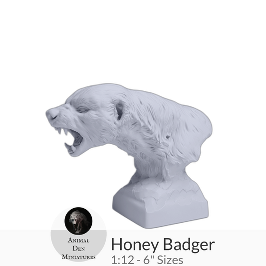1:12 scale Honey Badger Bust by Animal Den Miniatures – 25 mm, 4 in, 6 in Sizes miniature — handmade resin scale model by The Scale Grail