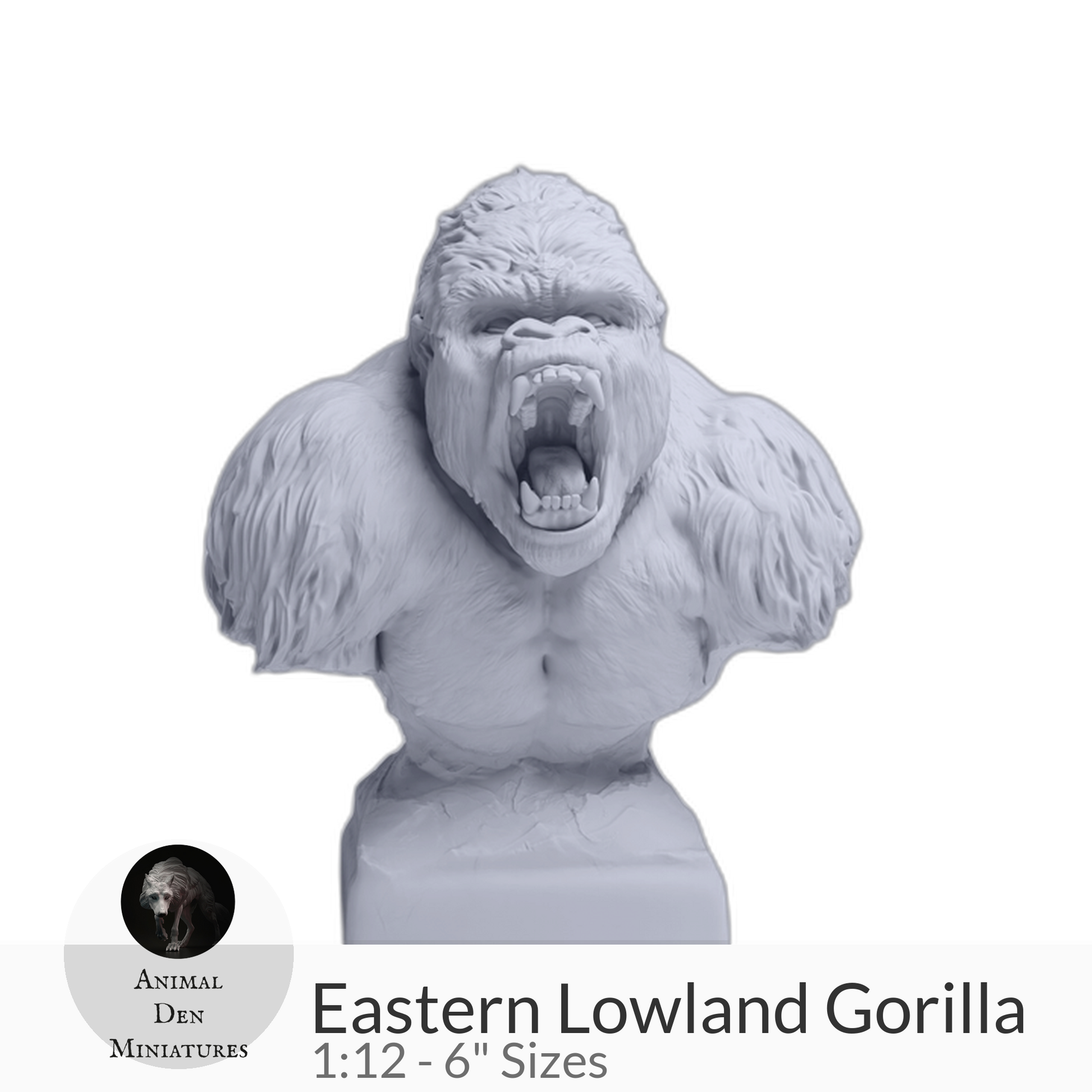 Eastern Lowland Gorilla Silverback Aggressive Bust by Animal Den Miniatures – 25 mm, 4 in, 6 in Sizes miniature — handmade resin scale model by The Scale Grail