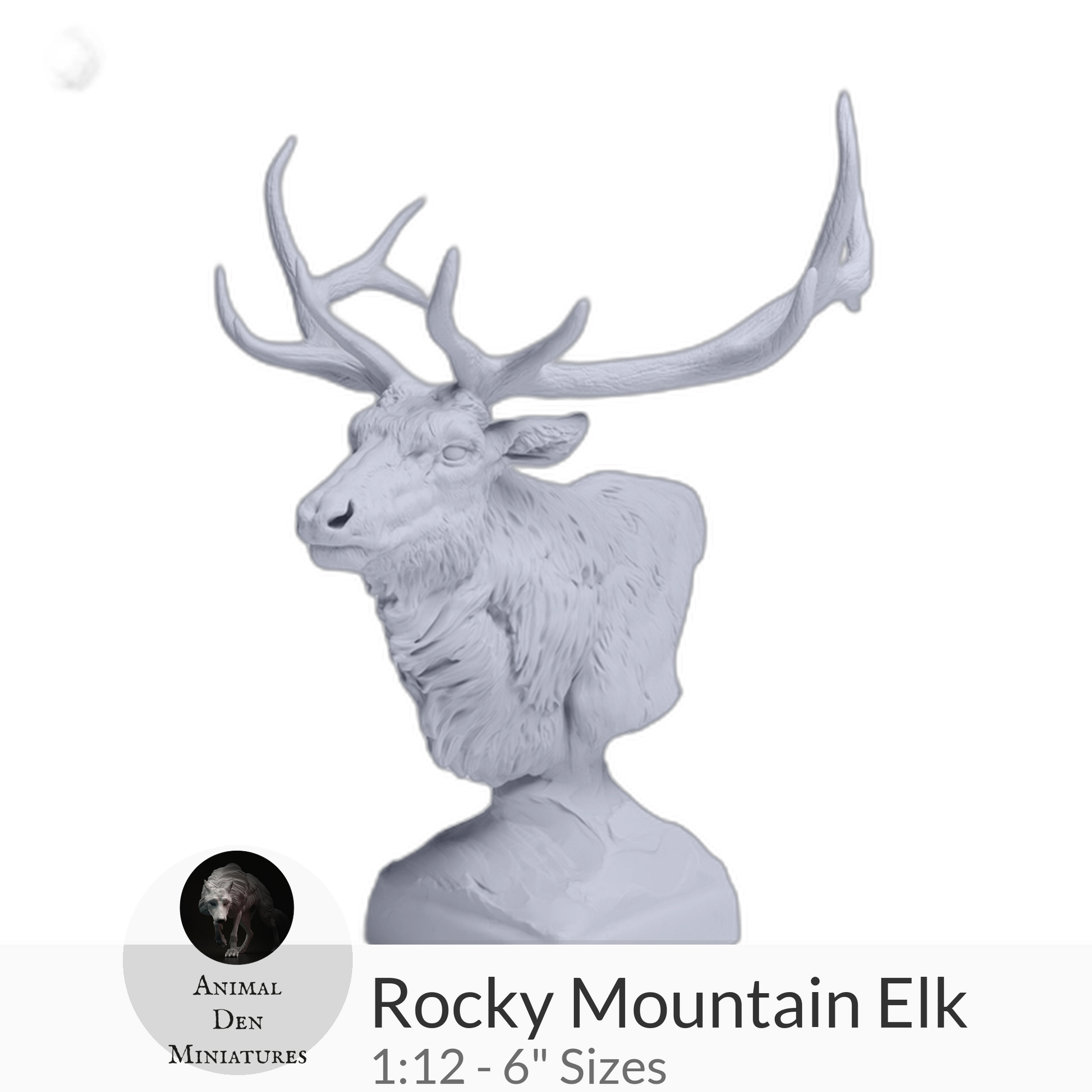 1:12 scale Rocky Mountain Elk Bust by Animal Den Miniatures – 25 mm, 4 in, 6 in Sizes miniature — handmade resin scale model by The Scale Grail