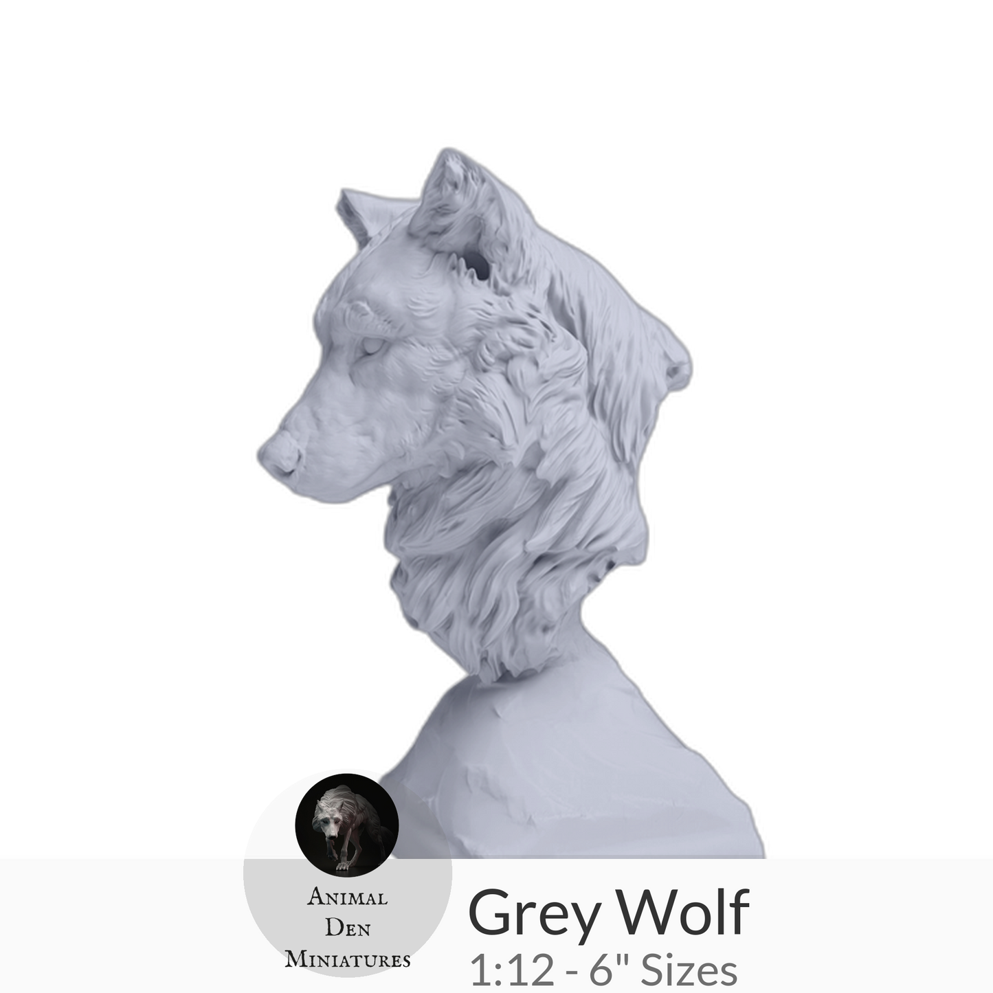 1:12 scale Grey Wolf Bust by Animal Den Miniatures – 25 mm, 4 in, 6 in Sizes miniature — handmade resin scale model by The Scale Grail