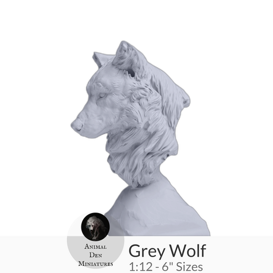 1:12 scale Grey Wolf Bust by Animal Den Miniatures – 25 mm, 4 in, 6 in Sizes miniature — handmade resin scale model by The Scale Grail
