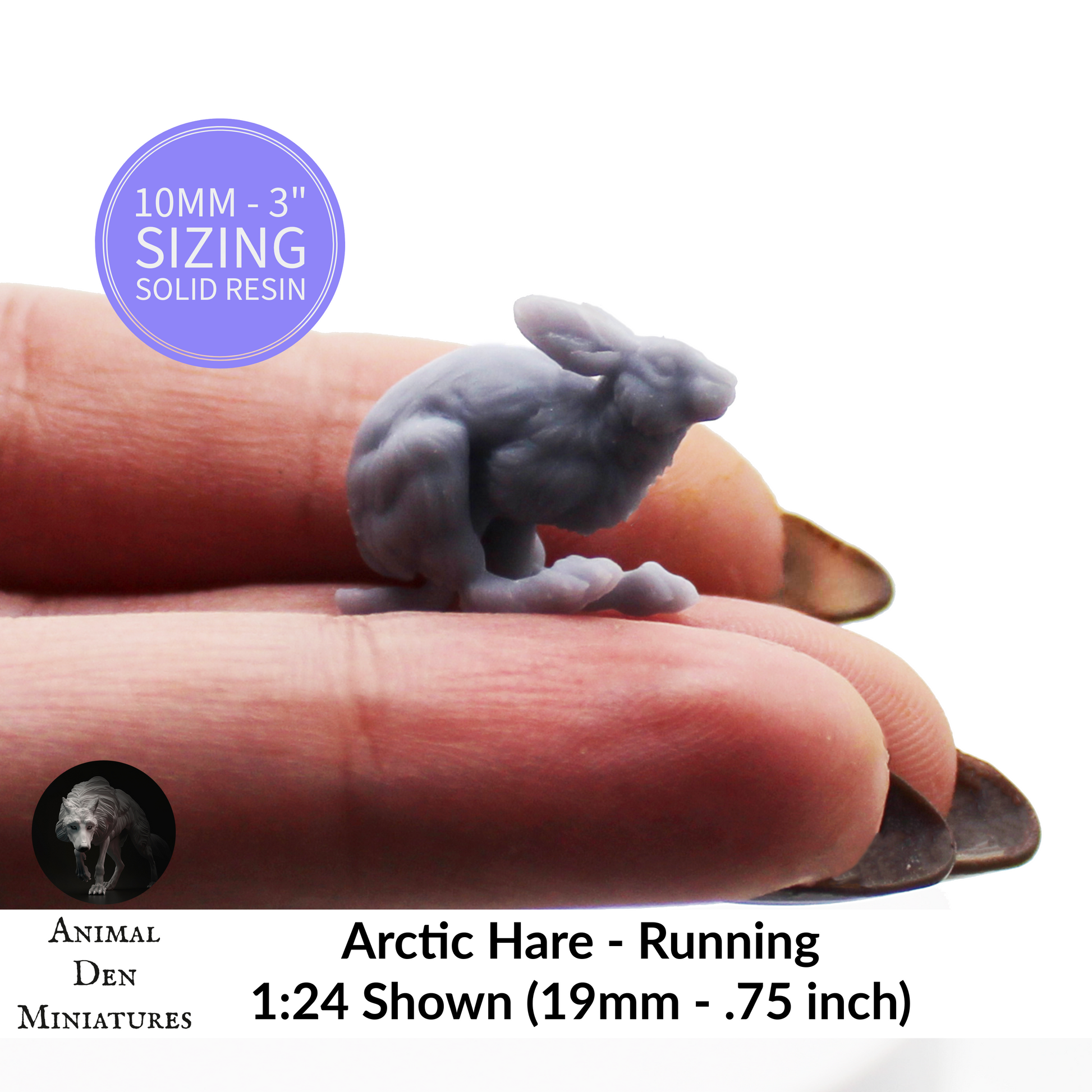 1:12 scale Arctic Hare - Running Miniature by Animal Den Miniatures – 10mm to 3" Sizes miniature — handmade resin scale model by The Scale Grail