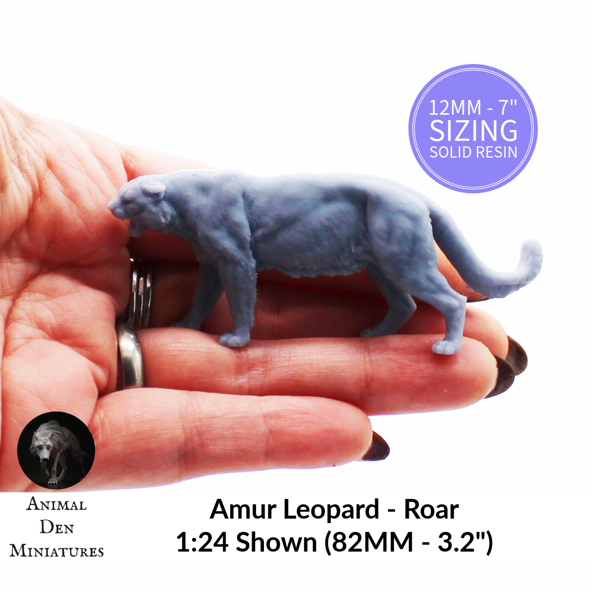 1:12 scale Amur Leopard Roaring Miniature Replica by Animal Den Miniatures – 10mm to 7" Sizes miniature — handmade resin scale model by The Scale Grail