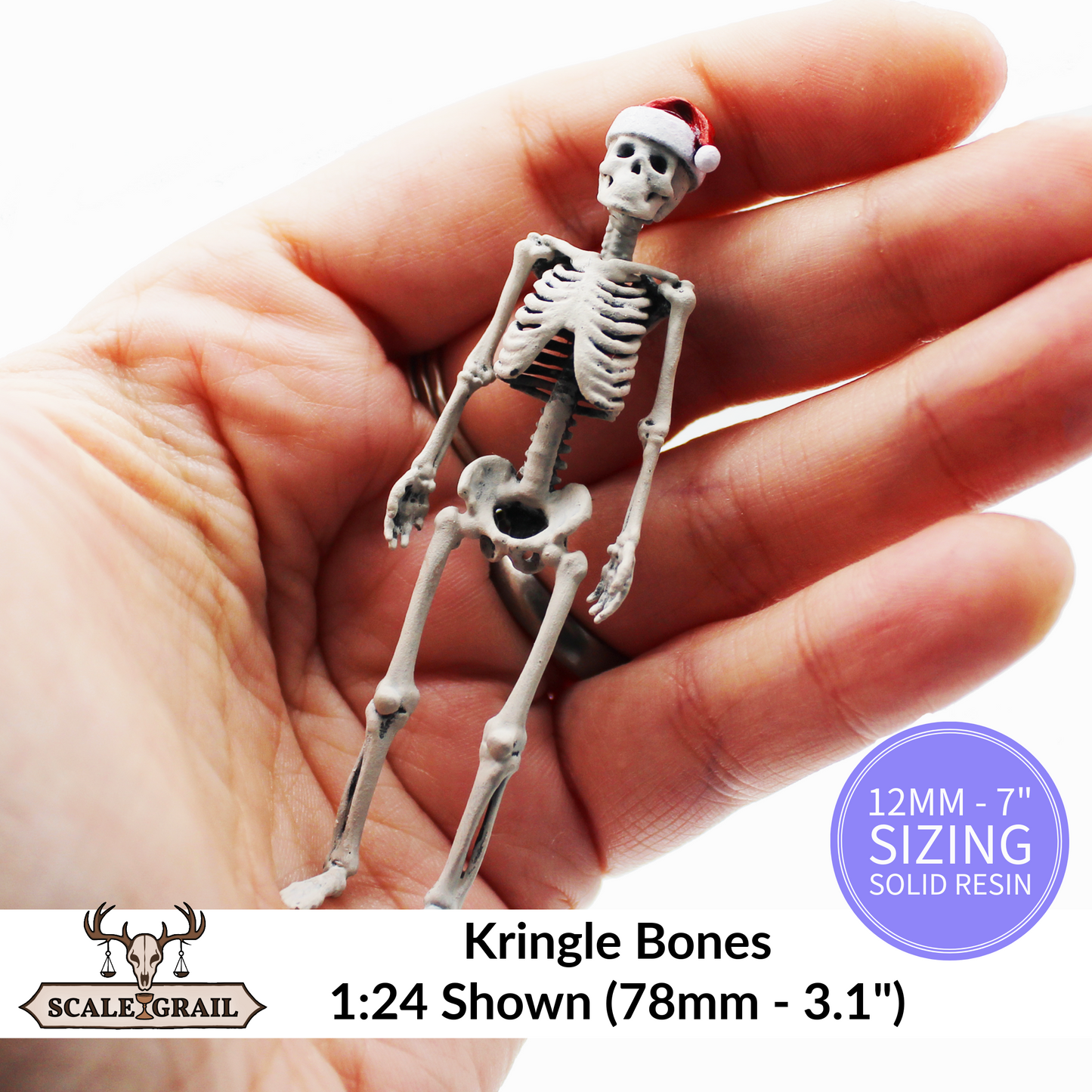 1:12 scale Santa Skeleton in Hat Kringle Bones Miniature Replica by The Scale Grail – 10mm to 7" Sizes miniature — handmade resin scale model by The Scale Grail