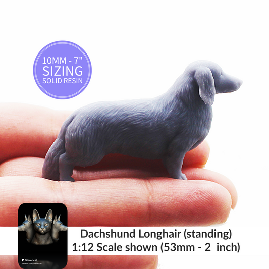 1:12 scale Dachshund Longhair Standing Miniature by Stereocat – 10mm to 7" Sizes miniature — handmade resin scale model by The Scale Grail