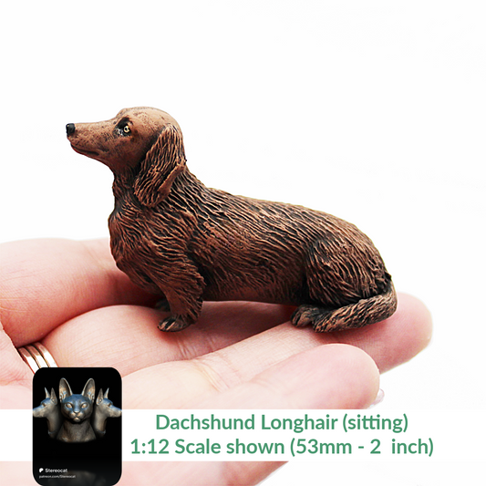 1:12 scale Dachshund Long Hair - 1:12 Scale miniature dog for dollhouse, diorama by Stereocat (1 dog) miniature — handmade resin scale model by The Scale Grail