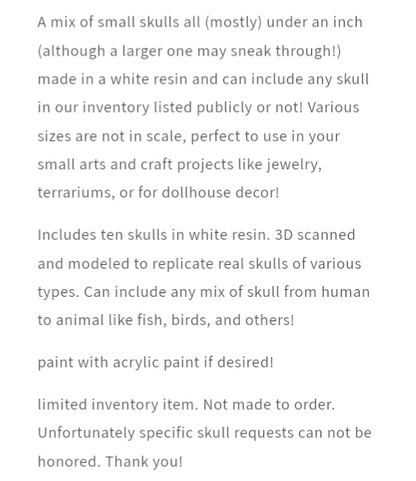 Skull Mystery Box - Ten different small variety animal skulls for arts, crafts, dollhouse, and dioramas!