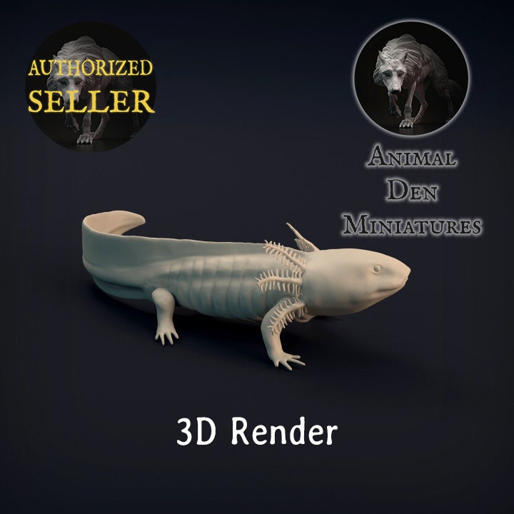 1:12 scale Animal Den Miniatures - Axolotl - 1:12 scale miniature amphibian animal salamandar for water diorama, dollhouse, small hand painted scaled 3d printed tabletop mini miniature detail view — 3D printed resin